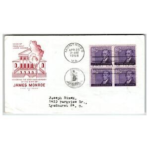 Scott #1085 1958 James Monroe 3c Stamp First Day Cover FDC Montross VA